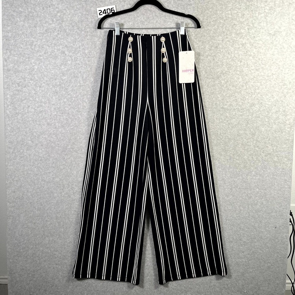 Harper by Block Pants Womens Small Black White Striped Wide Leg‎ Pearl Snap